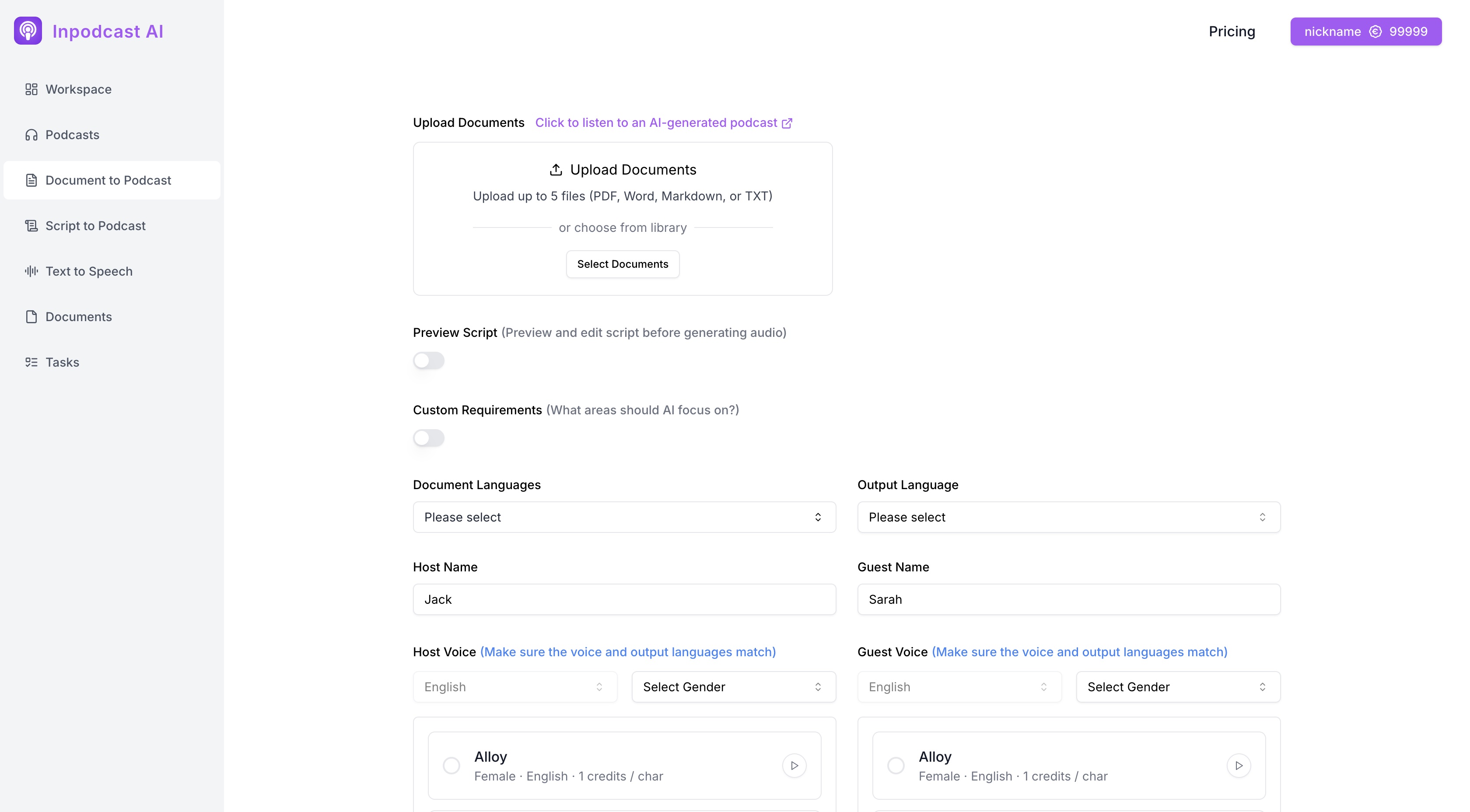 Inpodcast AI Document to Podcast